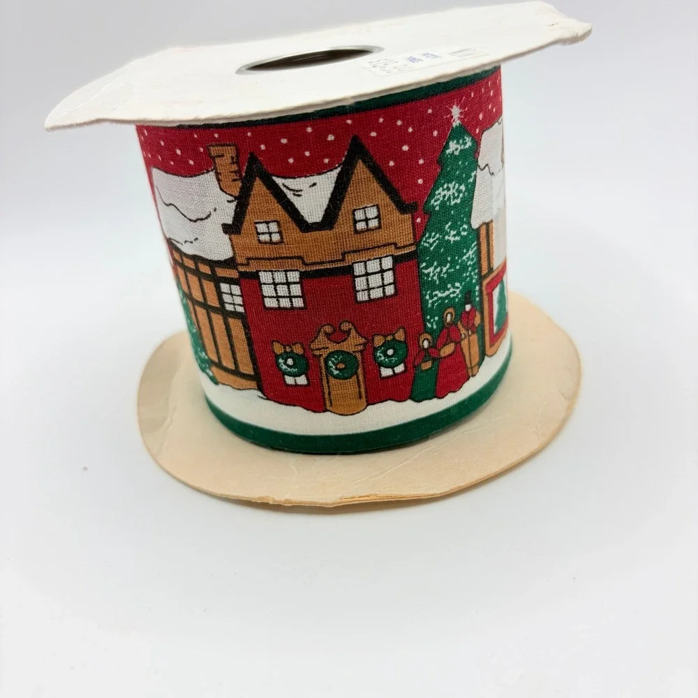 Lion Ribbon Village Christmas Red Winter Scene Fabric Ribbon 2.5